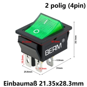 Wippenschalter, 2 polig (4pin) 16A 250VAC 21.35x28.3mm Grüne Wippe beleuchtet - Picture 1 of 3