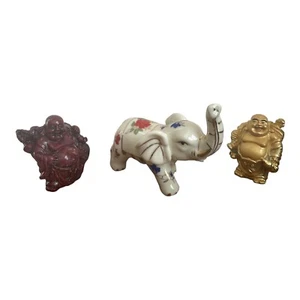 VINTAGE LOT OF LUCK CERAMIC ELEPHANT AND RESIN RED AND YELLOW BUDDHAS FIGURINES - Picture 1 of 13