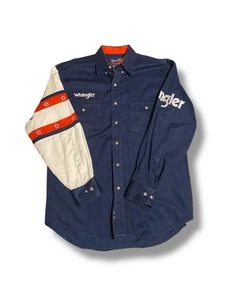 VTG Wrangler Shirt Mens Large Blue Western Rodeo Cowboy Spell Out Embroidered - Picture 1 of 4
