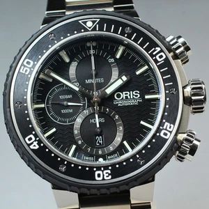 Near MINT ORIS 7727 Pro Diver Men's Automatic Watch 50mm Black Chronograph 1015 - Picture 1 of 13
