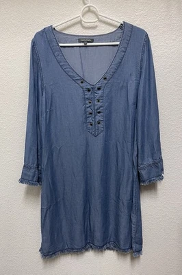 MICHAEL STARS Tencel Denim V Neck Raw Fringe Hem Dress Size L - Image 1 of 3
