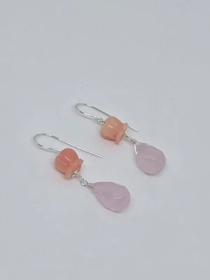 Pendientes de cuarzo rosa briolette y cuentas de flores, plata oro amarillo 14k, relleno de G Foto 1 de 4