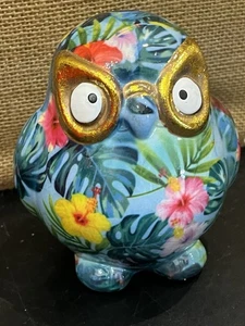 Pomme Pidou 4.5” Coin Bank OWL Blue/Flowers Gold Glasses Excellent - New W Tag! - Picture 1 of 12