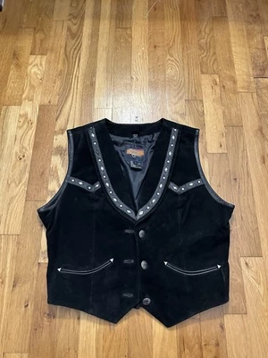 Chaleco occidental negro Cripple Creek cierre de botones 100 % cuero genuino talla grande Foto 1 de 4