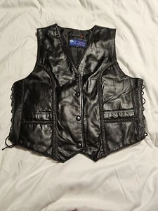 VTG Vance Leathers Kids Size XXL (Womans S) Black Leather Vest Side Lace - Picture 1 of 8