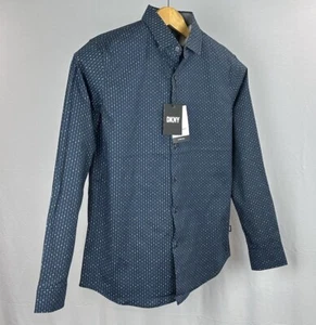 Camicia DKNY Uomo Media Casual Manica Lunga Bottone Stretch Blu Nuova con etichette - Foto 1 di 14