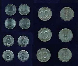 DEUTSCHLAND (OST) 1948-A & 1949-A 10 PFENNIG MÜNZEN, 1968 1 PFENNIG MÜNZEN, LOT OF 7 - Bild 1 von 1