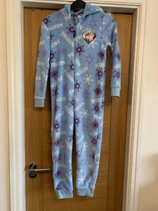 Girls Blue Purple Fleece Frozen All In One Loungewear 8-9 Elsa Anna 1Onesie - Picture 1 of 3