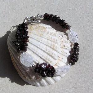 Red Garnet & Crackled Clear Quartz Gemstone Bracelet "Vervain Dew" - SALE PRICE - Picture 1 of 6