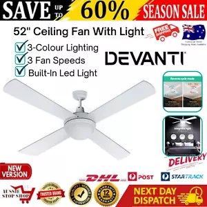 52 inch Ceiling Fan Quiet 4 Blades 1300MM White Reversible with Light And Remote - Picture 1 of 13