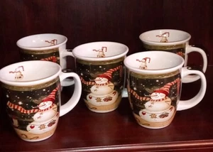 Snowman Ceramic Coffee Mugs Christmas Set of 5 - Picture 1 of 4