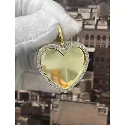 2Ct Round Lab Created Heart Picture Memory 1.5" Pendant 14K Yellow Gold Plated - Image 1 of 4