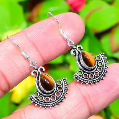 Tiger Eye Gemstone 925 Sterling Silver Gift Jewelry Earring 1.58" c469 - Image 1 of 4