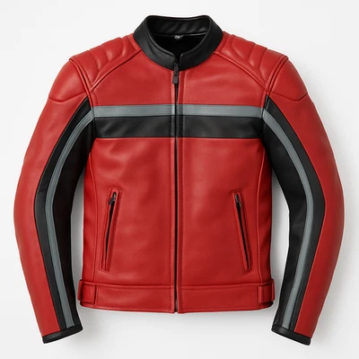 Chaqueta de cuero roja y gris para carreras de motocicletas calce ajustado ropa exterior de motociclista para hombre Foto 1 de 2