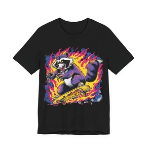 Unisex T-Shirt Raccoon Skateboarding Graphic Tee Deck Neon Flames Streetwear - Picture 1 of 6