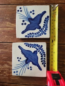 Set of 2 hand painted blue birds Mexican Mexico hp tiles vintage art floral pair - Picture 1 of 2