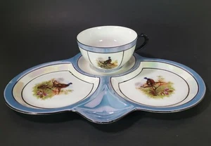 Vintage German lite Blue Luster Ware Tea Cup & Serving Tray w/ Pheasant Artwork - Picture 1 of 12