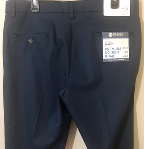 Haggar Men's Slim Fit Premium No Iron Khaki Pants Stretch Navy Sz 36X32 NWT - Picture 1 of 7