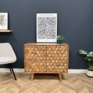 Iona 2 Door Small Solid Mango Wood Sideboard Geometric 3D Pattern Modern Wooden - Picture 1 of 7