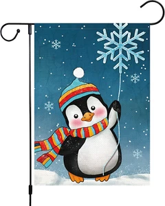 Winter Penguins Welcome Christmas Garden Flag 12X18 Inch Double Sided Burlap Sno - Picture 1 of 8
