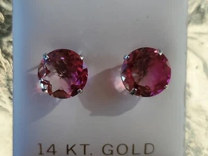 Pink Topaz Labcreated Round Cut Stud Earrings 14kt Solid White Gold - Picture 1 of 24