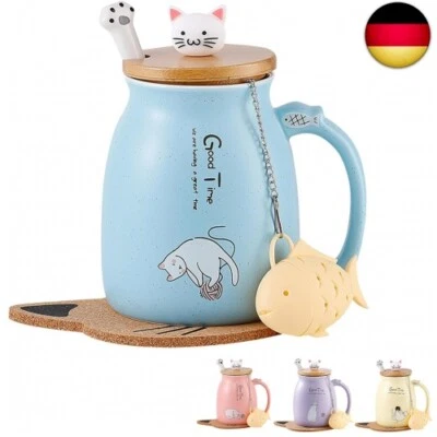 MARKE MENGCAT Katzen-Tasse Süße Keramik Kaffeetasse mit deckel,Edelstahl Löffel, Neuheit Mo
