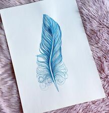 Blue Bird’s Feather. Decor watercolour painting, art, still life, A3, present