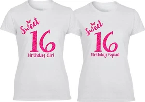 Sweet 16 Glitter Pink Birthday Girl Birthday Squad Cute funny  T-shirt - Picture 1 of 3