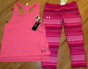 Under Armour pink tank top & striped cropped capris leggings NWT girl XL YXL - Picture 1 of 2