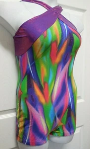  FOIL Halter Shorty Unitard Biketard ACRO Gymnastics Print Plums Ch/Ladies NWT - Photo 1/9