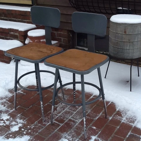 2 Same Vtg Industrial Stools - Adjust 16" To 22" -15" X 15 1/2" Seats -Very Good Cover
