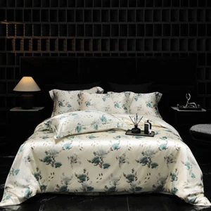 Silk Bedding Set 4pcs Washed Ice Silk Flowers Quilt Cover Flat Sheet Pillowcases - Picture 1 of 48