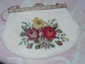 Vintage Petit Point & Beaded Handbag with Goldtone Metal Chain and Closure - Picture 1 of 1