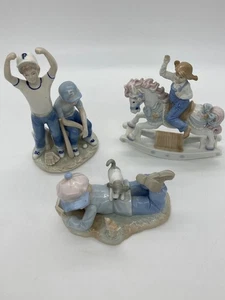 Porcelain Figurine Set Of 3 Boys & Girls On Rocking Horse Baseball & Reading - Picture 1 of 13