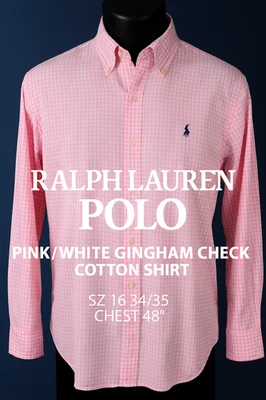 Ralph Lauren Polo Pink/White Gingham Check Cotton Shirt Sz 16 34/35 Chest 48" - Image 1 of 4