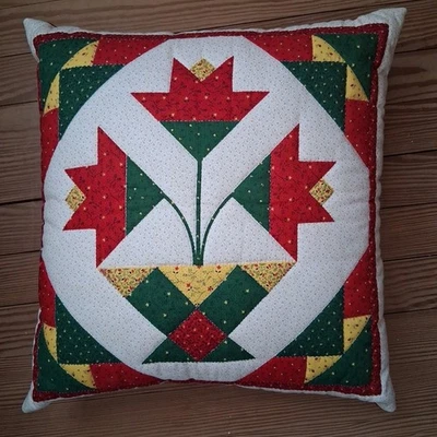 Funda de almohada acolchada a mano Poinsetta verde rojo amarillo almohada incluida Foto 1 de 4