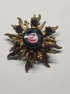 Vintage Gold Tone Guilloche Purple Rhinestone Rose Brooch Pin - Starburst Design - Picture 1 of 5