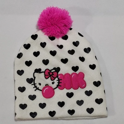 Hello Kitty 帽子 均码 白色 粉色 黑心 豆豆 带 Pom 泡泡糖 Kiss — 第 1/4 张图片