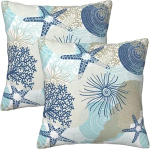 Beach Ocean Starfish Seashell Nautical Coastal Farmhouse Throw Pillow Covers 18X - Picture 1 of 8