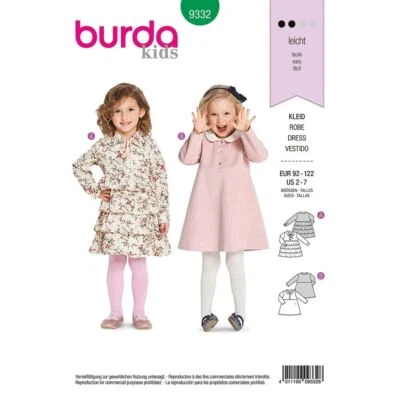 BURDA KIDS 9332 CHILDREN'S DRESSES Sewing Pattern 2 - 7 Years Skill: EASY - Image 1 of 4