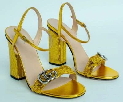 Gucci Gold Yellow Marmont Black Sequin High Heeled Sandals Size: US 8.5 Reg - Image 1 of 4