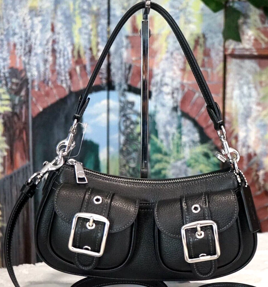 Auth COACH Women's Shoulder CM079 Handbag Crossbody Black Leather