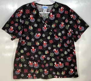 Blusa Médica Navidad Mujer Talla XL Holiday Santa’s Trees Copos de Nieve Negro Rojo - Imagen 1 de 3