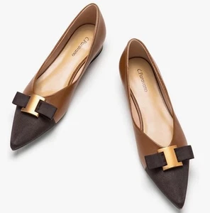 NWB C.PARAVANO Embellished Brown Vegan LEATHER Flats Metal Bow Pointed Toe 10.5 - Picture 1 of 13
