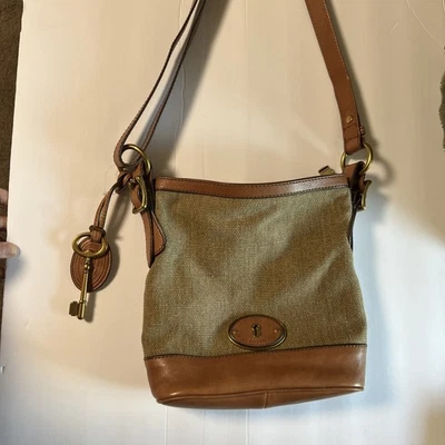 FOSSIL Brown Leather canvas Color Block Zip Bucket Purse Crossbody  Bag Nice 1 - Image 1 of 4