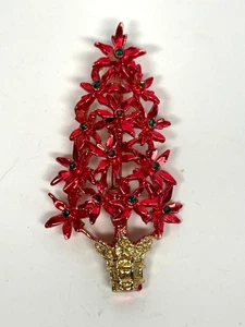Poinsettia Christmas Tree Brooch Red Green Gold Signed 3 Inch - Picture 1 of 11