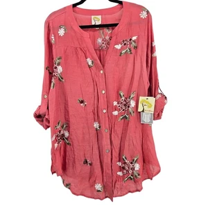 Floral Embroidered Cuff Blouse Plus Size 1X Boho Casual Folk Artisanal Cottage - Picture 1 of 11