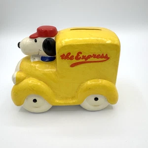 Vintage Snoopy Yellow The Express Van Money Coin Bank Box Vehicle Ceramic - Picture 1 of 7