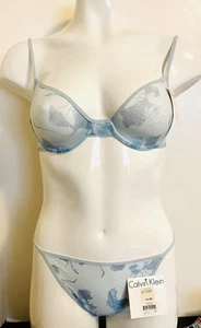 String Bikini/Panties M + Bra 34B SET Vintage Calvin Klein Blue Print NWT Sheer - Picture 1 of 5