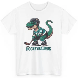 Hockey T-rex Funny T-shirt - Hockeysaurus Ice Hockey Sports Graphic Tee - Picture 1 of 23